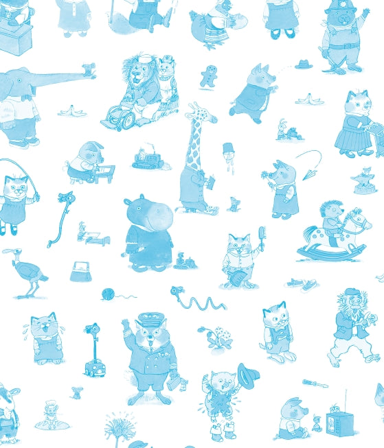 A repeating light blue cartoon animal pattern on a white background, featuring characters like a giraffe, hippo, cat, elephant, and a child playing with toys.