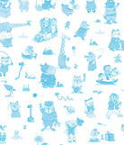 A repeating light blue cartoon animal pattern on a white background, featuring characters like a giraffe, hippo, cat, elephant, and a child playing with toys.