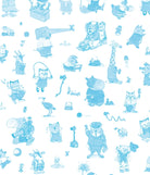 A repeating pattern of light blue cartoon animals and objects on a white background, including elephants, cats, giraffes, bears, and small accessories.