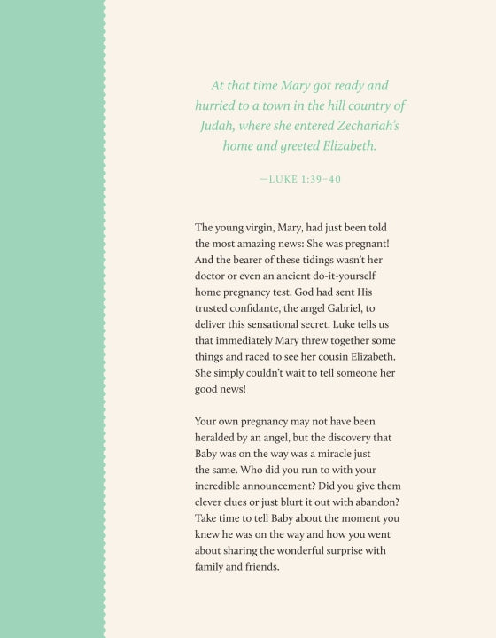 A page from a Christian devotional or pregnancy journal featuring Luke 1:39–40 about Mary visiting Elizabeth.