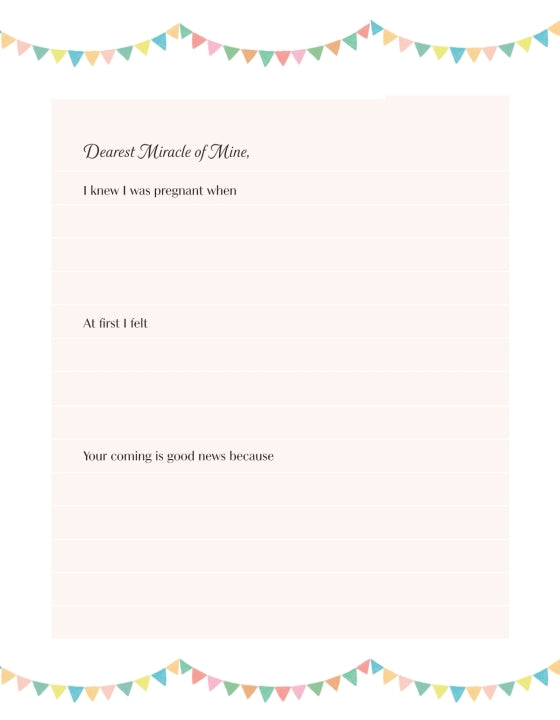 A page from a pregnancy journal with writing prompts addressed to an unborn child.