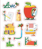 A sheet of colorful cartoon stickers featuring the character Roger from 'The Very Hungry Caterpillar' in various scenes and objects, including a house, bathtub, bed, apple car, and a large 'Love' word sticker.