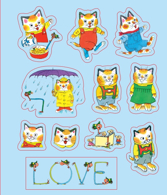 A sheet of cartoon cat stickers or decals on a light blue background. The design features multiple orange tabby cats in colorful clothing and scenes, including one holding a purple umbrella, one wearing red overalls, one in a green dress, and one spelling out the word LOVE in decorative letters.