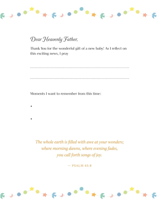Prayer card with colorful border and text for reflecting on a new baby