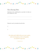 Prayer card with colorful border and text for reflecting on a new baby