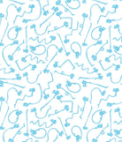 A repeating pattern of light blue cartoon keychains with bows and arrows on a solid white background.