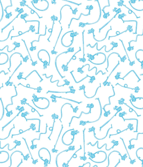 A repeating pattern of light blue rope-knotted key motifs on a solid white background.