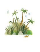 Illustration of a tropical scene with palm trees, plants, and a turtle on a white background