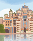 A stylized illustration of a grand palace or castle with ornate domes, towers, and arched windows, reflected in calm water under a pale blue sky.