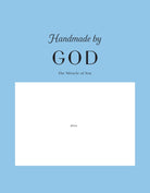 Blue card with 'Handmade by GOD' text and a white photo area on a blue background