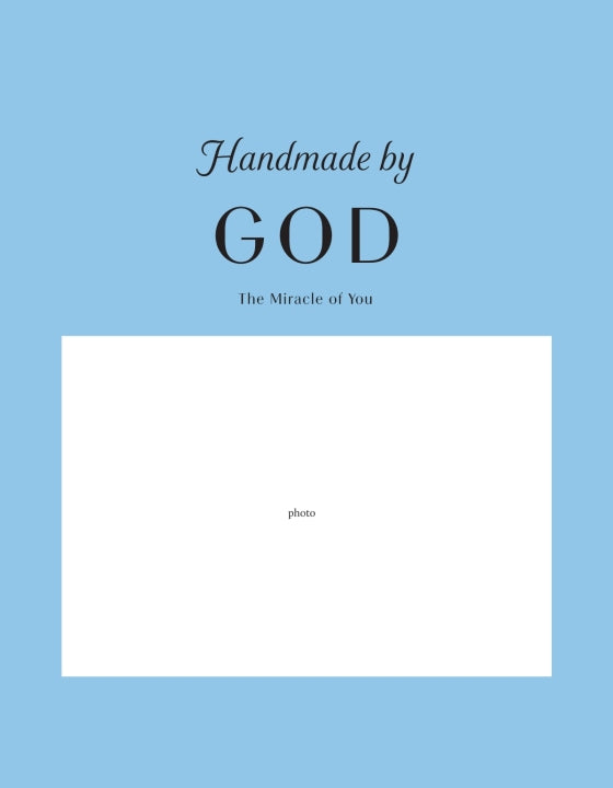 Blue card with 'Handmade by GOD' text and a white photo area on a blue background