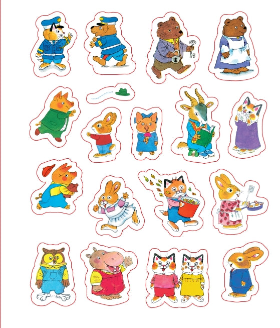 A sheet of colorful cartoon animal stickers on a white background, featuring bears, rabbits, cats, a goat, a pig, and other characters in various outfits.
