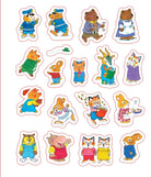 A sheet of colorful cartoon animal stickers on a white background, featuring bears, rabbits, cats, a goat, a pig, and other characters in various outfits.