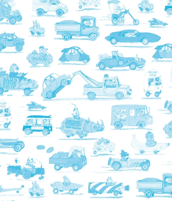 A repeating light blue cartoon vehicle pattern on a white background, featuring cars, trucks, a motorcycle, a tow truck, a banana-shaped car, and small illustrated characters.