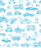 A repeating light blue cartoon vehicle pattern on a white background, featuring cars, trucks, a motorcycle, a tow truck, a banana-shaped car, and small illustrated characters.