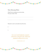 Prayer card with colorful banner at top and bottom, and text space for personal prayer.