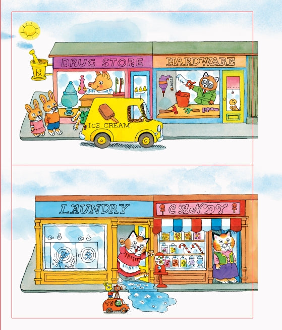 A colorful cartoon illustration of two storefront scenes with anthropomorphic animals. The top panel shows a drug store and hardware shop with a yellow ice cream cart in front.