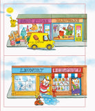 A colorful cartoon illustration of two storefront scenes with anthropomorphic animals. The top panel shows a drug store and hardware shop with a yellow ice cream cart in front.