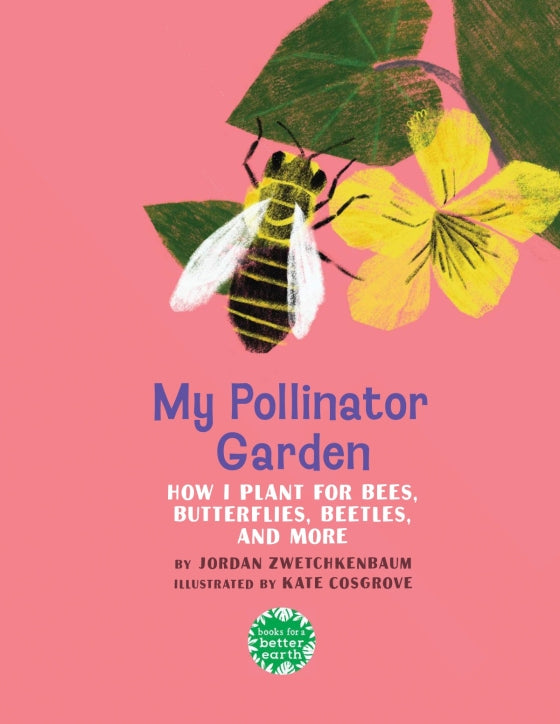 Illustration of a bee on a yellow flower with text about bees and flowers on a pink background