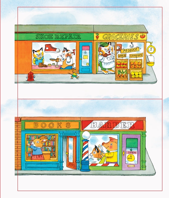 A colorful cartoon illustration showing two storefront scenes side by side. The top scene reads 'SHEEP REPAIR' and 'GROCERIES' with anthropomorphic animals working inside and outside the shop.