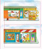 A colorful cartoon illustration showing two storefront scenes side by side. The top scene reads 'SHEEP REPAIR' and 'GROCERIES' with anthropomorphic animals working inside and outside the shop.