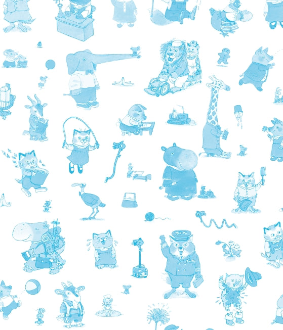 A repeating pattern of light blue cartoon animals and objects on a white background, including elephants, cats, giraffes, bears, and small accessories.