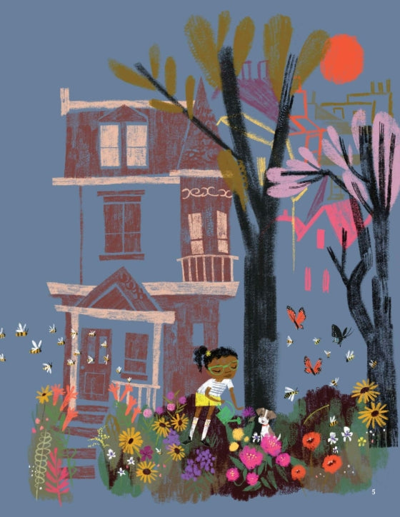 A girl in garden with flower and dog, bee's with on a pink background