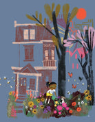 A girl in garden with flower and dog, bee's with on a pink background
