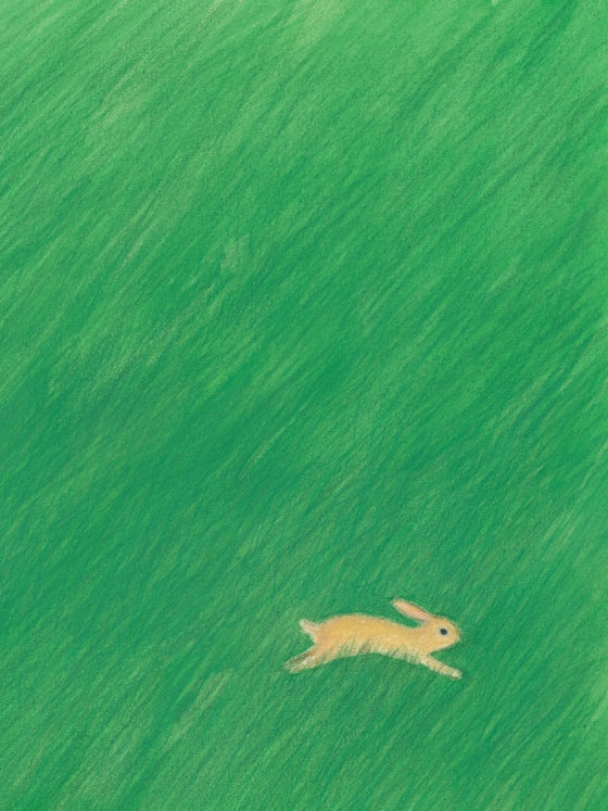 A classic illustration of a small golden-brown rabbit running across a vast, textured green field