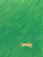 A classic illustration of a small golden-brown rabbit running across a vast, textured green field