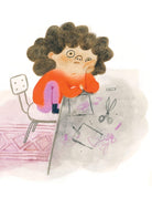 Illustration of a person sitting on a chair with sewing materials around