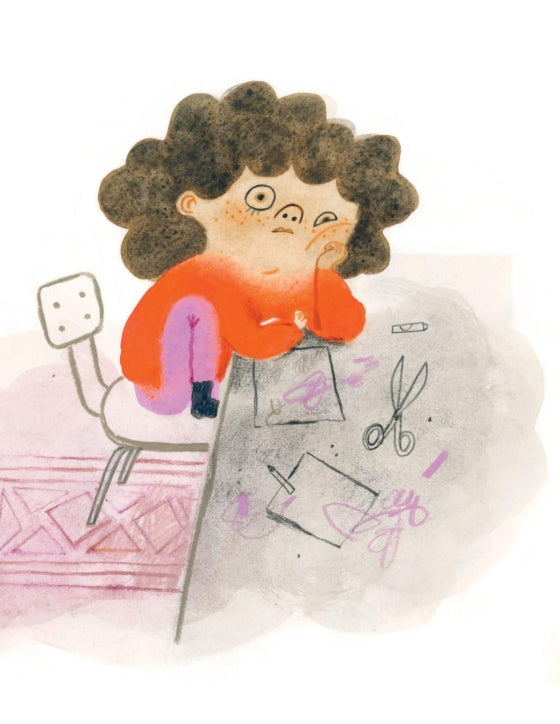 Illustration of a person sitting on a chair with sewing materials around