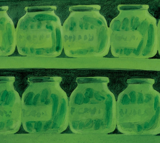Green glass jars with plants on a green background.