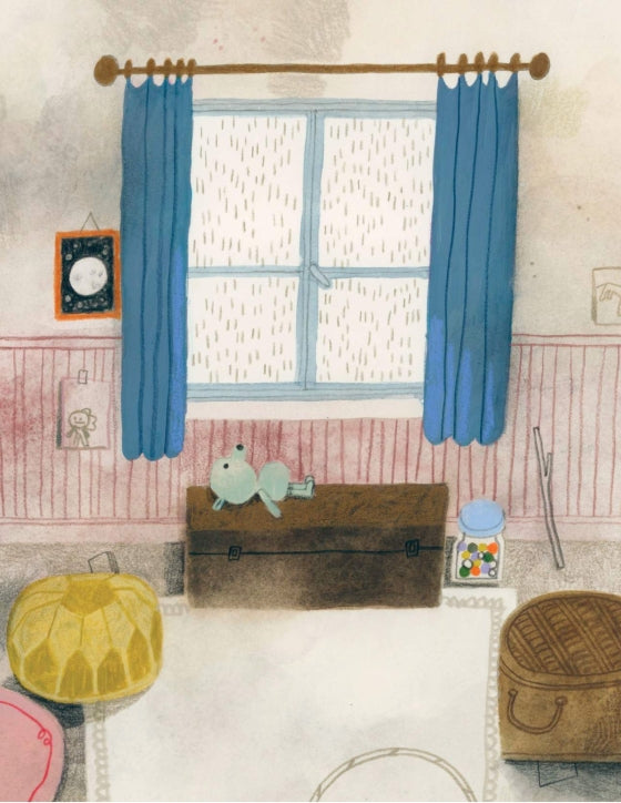 Illustration of a room with blue curtains, a window, and various objects on a table.