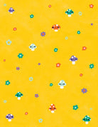 A repeating pattern of cute cartoon mushrooms and small flowers scattered across a bright yellow background.