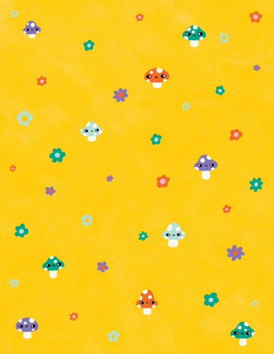 A repeating pattern of cute cartoon mushrooms and small flowers scattered across a bright yellow background.