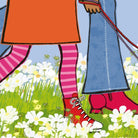 Illustration of a child's legs in red boots and striped socks walking on grass with flowers.