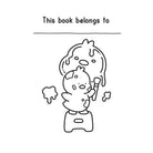 Cartoon character with a book label on a white background