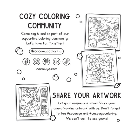 Promotional graphic for a coloring community with coloring book pages and contact information.
