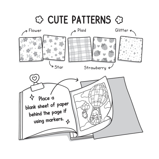 Illustration of a coloring book with pattern options on a white background