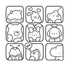 Nine square grid with cute animal illustrations in black and white.