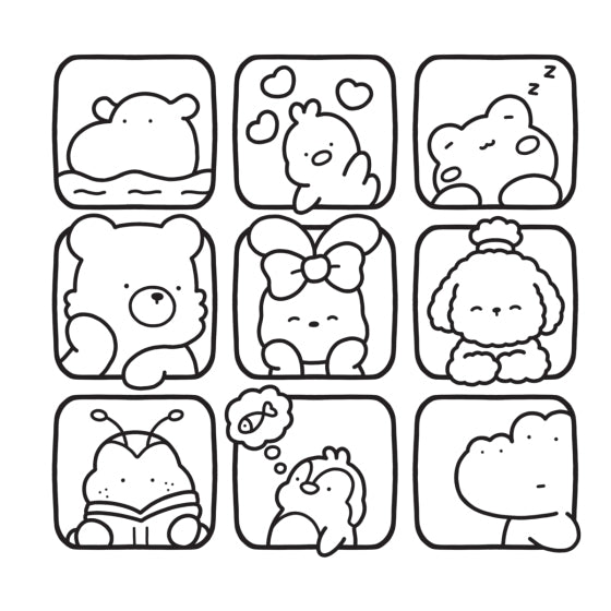 Nine square grid with cute animal illustrations in black and white.