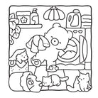 Black and white illustration of a bear with pets in a room.