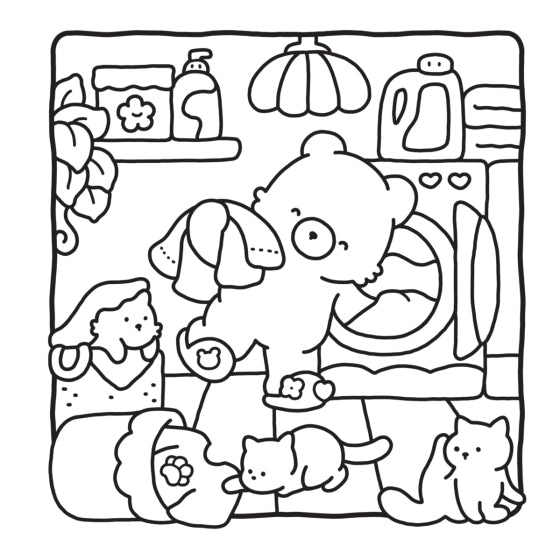 Black and white illustration of a bear with pets in a room.