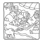 Black and white line drawing of beach-themed items including a teddy bear, towel, and sandcastle.