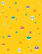 A repeating pattern of cute cartoon mushrooms and small flowers on a bright yellow background.