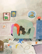 Illustration of a child playing with a teddy bear in a room filled with toys and furniture.