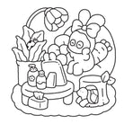 Cartoon character with a basket of items including a teddy bear, flowers, and a bottle.