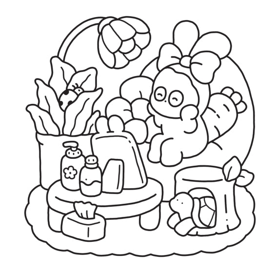 Cartoon character with a basket of items including a teddy bear, flowers, and a bottle.
