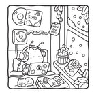 Illustration of a person wearing headphones, using a laptop, with a cat, snacks, and a cupcake in a cozy room.